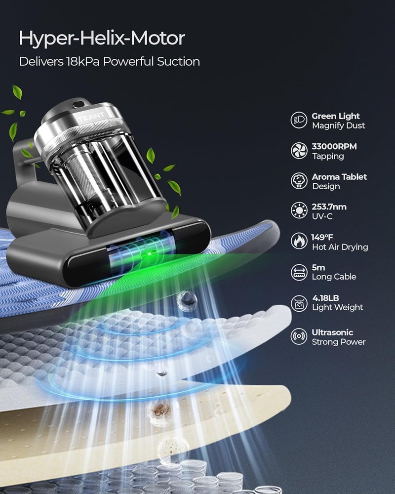 Teant Powerful Mattress Bed Vacuum Cleaner, 2-Speed (14kPa/18kPa) Mattress Vacuum with Green Light Dust Detection, 253.7nm UV-C Light, LED Display, HEPA Filter, 149℉ Heat, Aroma for Bed Couch Carpet - Image 3